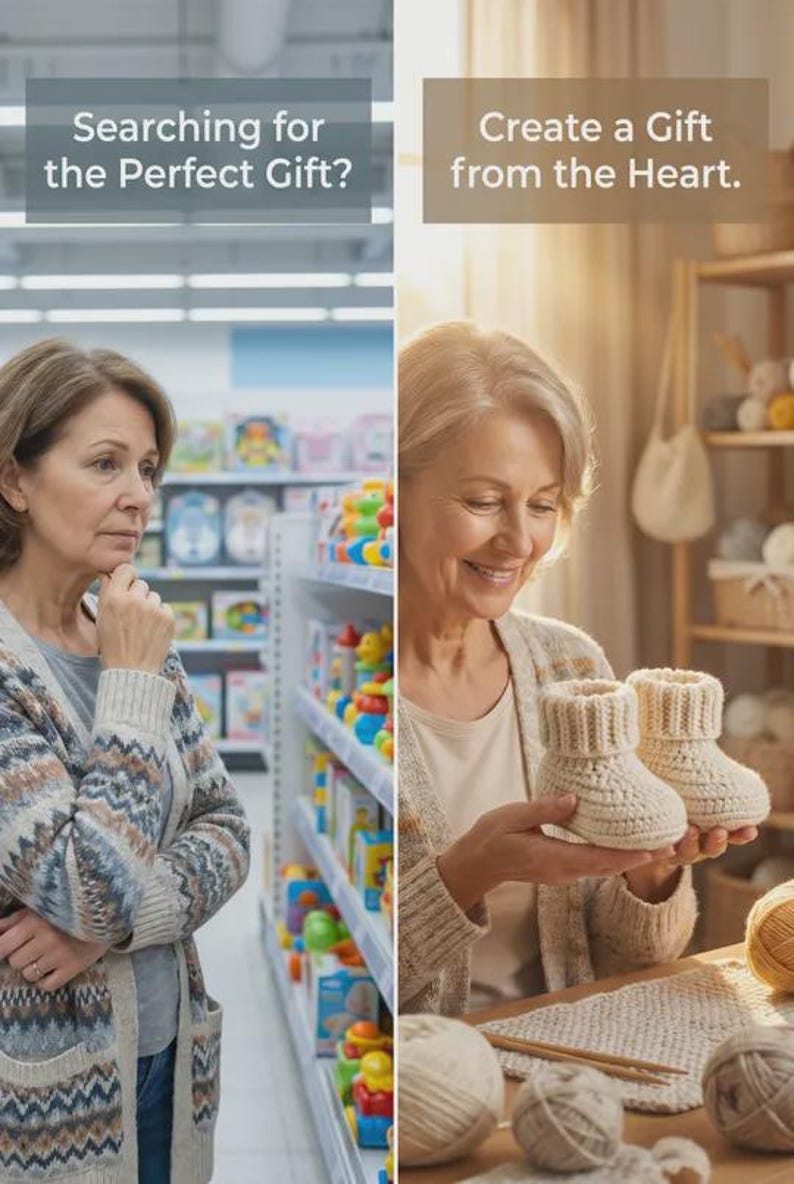 May include: The image is split, showing two women. One is shopping, the other is holding two cream-colored, crocheted baby booties. Text reads: "Searching for the Perfect Gift?" and "Create a Gift from the Heart."