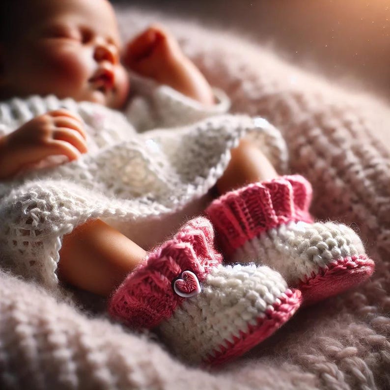 Realistic photo of baby in handmade white and pink crochet booties with cuffed tops and buttons, in a soft natural light setting