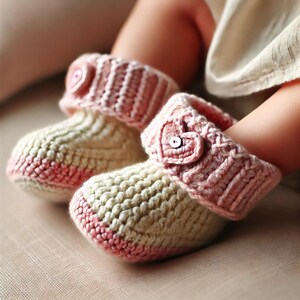 Handmade cream crochet baby booties with ribbed cuffs and buttons, worn by a baby in a white outfit, soft neutral tones
