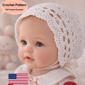 May include: A baby wearing a white, open-weave crochet bonnet with a ribbon tie. The bonnet is part of a crochet pattern, as indicated by the text in the image. The baby has blue eyes and rosy cheeks. A soft toy is in the background.