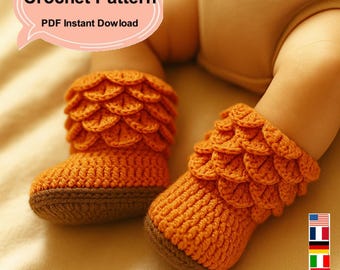 Crochet Baby Scalloped Cuff Booties Pattern – Newborn to 12 Months | 5-Language PDF Guide (Digital Download)