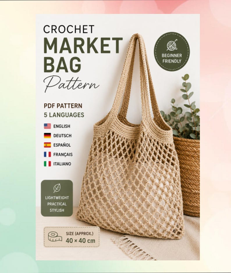 Crochet Market Bag Pattern PDF in 5 Languages, Mesh Tote Crochet ...