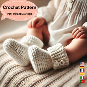 May include: A crochet pattern for baby booties with a button detail. The booties are white and are shown on a baby's feet. The pattern is available as a PDF instant download. Crochet Pattern PDF Instant Download
