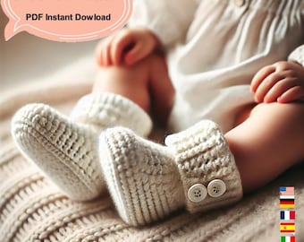 May include: Close-up of white crochet baby booties with two small buttons. The booties are on a soft, textured blanket. Text in a pink speech bubble reads "Crochet Pattern PDF Instant Download".