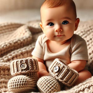 Warm, cozy image of baby feet in white crocheted booties with buttons, resting on a knitted beige blanket