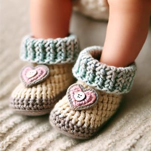 Adorable newborn feet wearing cream crochet booties with button detail, sitting on a warm textured blanket