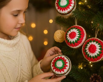 May include: A young person admires a crocheted Christmas ornament. The round ornament features a white center, a red and green floral design, and a cream-colored border. Other similar ornaments hang on a Christmas tree, with a pine cone in the foreground.