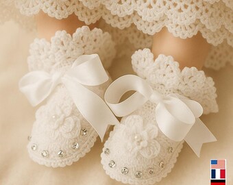 Pattern Crochet Baby Christening Booties Newborn Sizes 0-12 Months Guide 5 languages Instructions Digital Download PDF Baptism Girl Gift