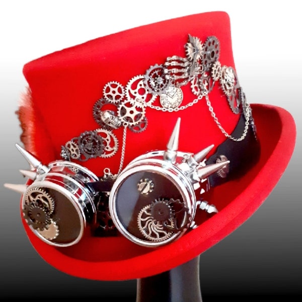 Chapeau steampunk rouge haut de forme en pure laine pressée rouge  taille 59  avec lunettes soudeur, engrenages et chaînettes brodés à main