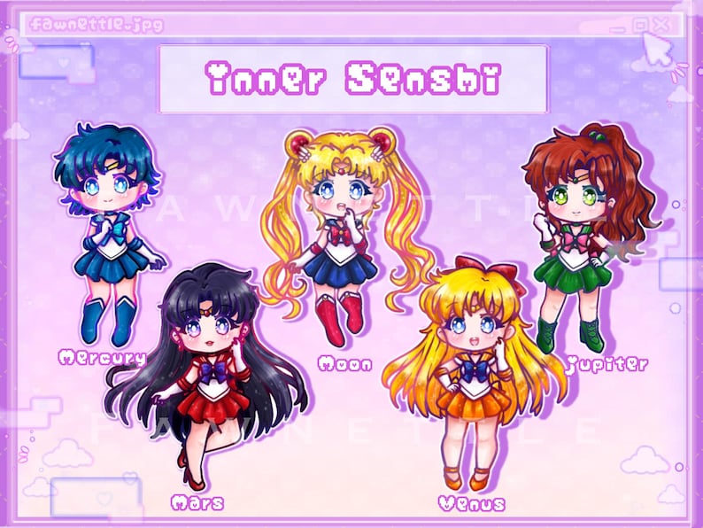Może przedstawiać: Ilustracja pięciu postaci anime w stylu chibi oznaczonych jako "Inner Senshi". Każda postać ma inny str&oacute;j, z r&oacute;żnymi kolorami włos&oacute;w, w tym niebieskim, ż&oacute;łtym, czerwonym i zielonym. Tło jest jasnofioletowe z ramką okna retro komputera.
