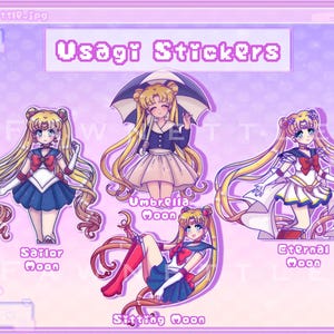 Może przedstawiać: Arkusz naklejek Usagi z czterema ilustracjami postaci. Naklejki są w fioletowo-r&oacute;żowej kolorystyce, z tekstem "Usagi Stickers" na g&oacute;rze.