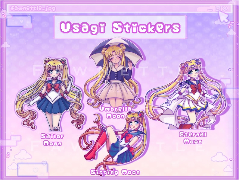 Może przedstawiać: Arkusz naklejek Usagi z czterema ilustracjami postaci. Naklejki są w fioletowo-r&oacute;żowej kolorystyce, z tekstem "Usagi Stickers" na g&oacute;rze.