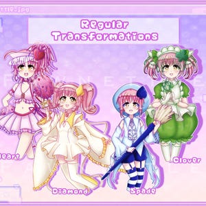 May include: Four anime-style characters, each representing a different suit from a deck of cards. The characters are Heart, Diamond, Spade, and Clover. Each character is wearing a different outfit and holding a different object. The text "Regular Transformations" is at the top of the image.