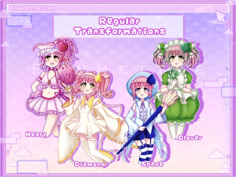 May include: Four anime-style characters, each representing a different suit from a deck of cards. The characters are Heart, Diamond, Spade, and Clover. Each character is wearing a different outfit and holding a different object. The text "Regular Transformations" is at the top of the image.