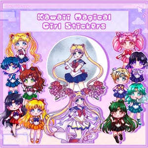 Może przedstawiać: Naklejki Kawaii Magical Girl z r&oacute;żnymi postaciami z anime w kolorowych strojach. Naklejki są umieszczone na fioletowym tle z motywem ramy okiennej. Tekst "Kawaii Magical Girl Stickers" jest wyświetlany u g&oacute;ry.