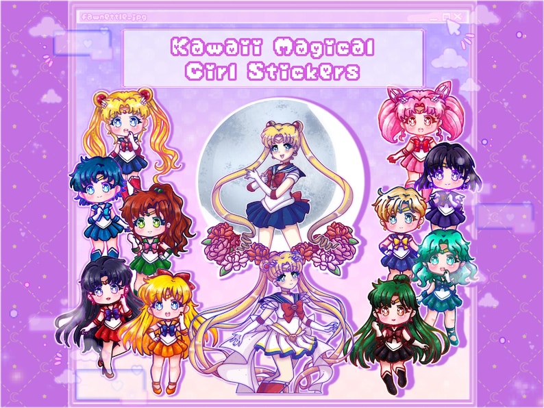 Może przedstawiać: Naklejki Kawaii Magical Girl z r&oacute;żnymi postaciami z anime w kolorowych strojach. Naklejki są umieszczone na fioletowym tle z motywem ramy okiennej. Tekst "Kawaii Magical Girl Stickers" jest wyświetlany u g&oacute;ry.