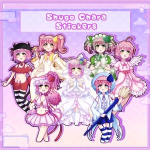 May include: A set of eight colorful anime character stickers featuring pink, white, blue, green, and red colors. The stickers feature characters with different hairstyles and outfits. The text "Shugo Chara Stickers" is at the top of the image.