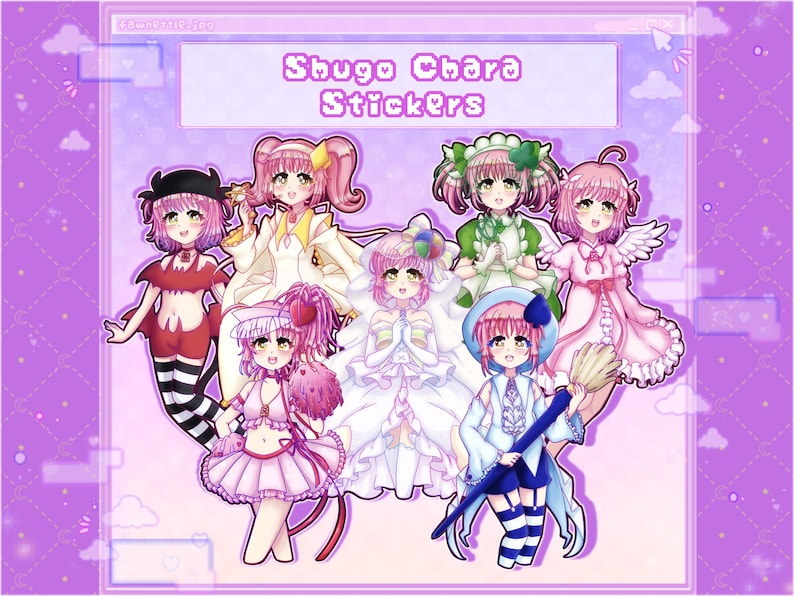 May include: A set of eight colorful anime character stickers featuring pink, white, blue, green, and red colors. The stickers feature characters with different hairstyles and outfits. The text "Shugo Chara Stickers" is at the top of the image.