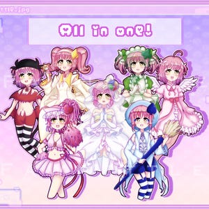May include: A digital illustration of seven anime characters, all girls, with pink hair and wearing different outfits. The characters are all smiling and have different expressions. The background is a light purple with a white border. The text "All in one!" is written in a pixelated font at the top of the image.