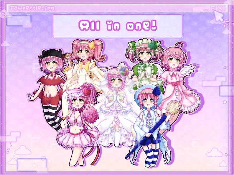 May include: A digital illustration of seven anime characters, all girls, with pink hair and wearing different outfits. The characters are all smiling and have different expressions. The background is a light purple with a white border. The text "All in one!" is written in a pixelated font at the top of the image.