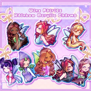 May include: A collection of rainbow acrylic charms featuring Winx Fairies. Each charm depicts a fairy with colorful hair, wings, and outfits. The charms are attached to gold-colored keychains. Text on the image reads "Winx Fairies Rainbow Acrylic Charms."