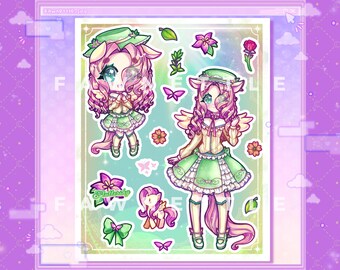 Fluttershy Inspired Anime Girl Stickersheet [Kawaii Pony Girl Laminated Stickersheet]