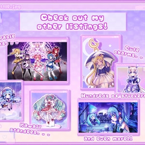 Może przedstawiać: Fioletowa grafika z r&oacute;żnymi ilustracjami w stylu anime. Obraz zawiera tekst "Check out my other listings!" i zawiera słowa "Adorable prints," "Cute charms," "Kawaii standees," i "Hundreds of stickers."