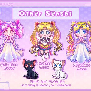 Może przedstawiać: Cyfrowa ilustracja postaci w stylu anime z etykietami "Princess Chibi", "Eternal Moon" i "Princess Moon". Poniżej ilustracje czarnego kota i białego kota. Tekst brzmi "Other Senshi" i "Luna and Artemis".