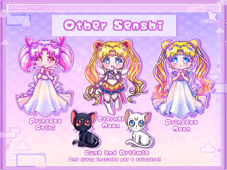 Może przedstawiać: Cyfrowa ilustracja postaci w stylu anime z etykietami "Princess Chibi", "Eternal Moon" i "Princess Moon". Poniżej ilustracje czarnego kota i białego kota. Tekst brzmi "Other Senshi" i "Luna and Artemis".