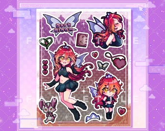Cute Evil Fire Fairy Anime Girl Stickersheet [Kawaii Dark Fairy Laminated Stickersheet]