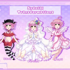 May include: Illustration of three anime characters with pink hair. The character on the left is dressed as a devil in a red and black costume. The character in the middle is dressed as a fortune teller in a white dress with a pink bow. The character on the right is dressed as an angel in a pink dress with white wings. The text "Special Transformations" is at the top of the image.