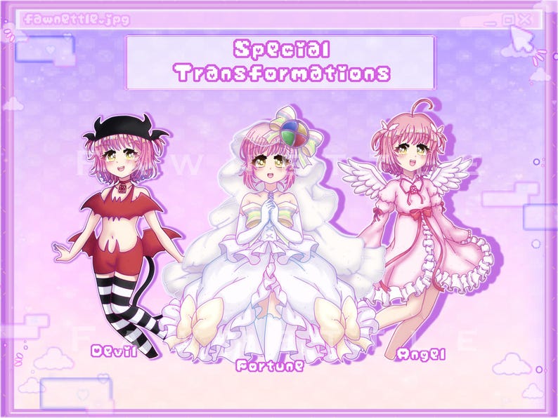 May include: Illustration of three anime characters with pink hair. The character on the left is dressed as a devil in a red and black costume. The character in the middle is dressed as a fortune teller in a white dress with a pink bow. The character on the right is dressed as an angel in a pink dress with white wings. The text "Special Transformations" is at the top of the image.