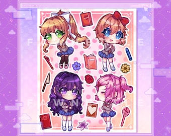 Doki Doki Literature Club Chibi Monika, Sayori, Yuri, Natsuki Stickersheet [Kawaii DDLC Laminated Stickersheet]
