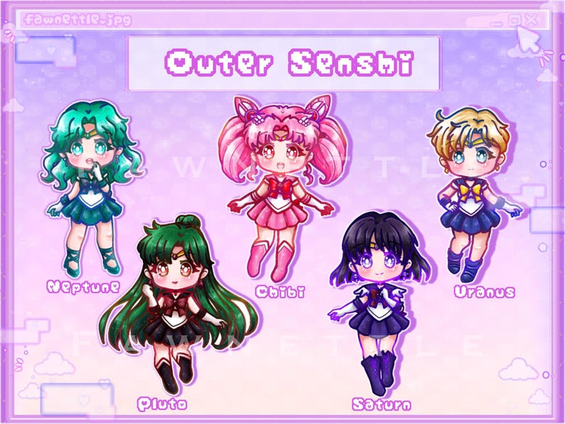 Może przedstawiać: Ilustracja przedstawiająca sześć postaci chibi z serii "Outer Senshi". Postacie są ubrane w kolorowe stroje z charakterystycznymi fryzurami. Tekst "Outer Senshi" jest wyświetlany u g&oacute;ry.