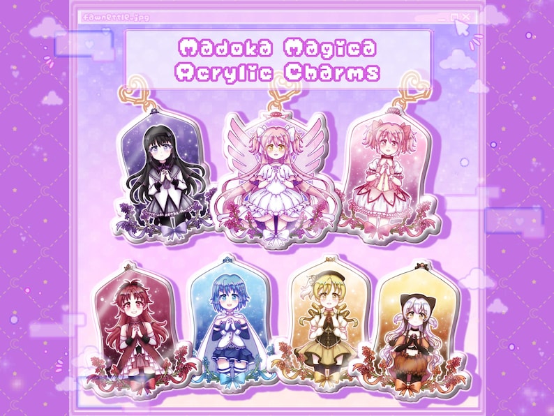 May include: Set of eight colorful acrylic charms featuring characters from the anime series Madoka Magica. Each charm features a different character in a detailed illustration with a pink, purple, and blue color scheme.