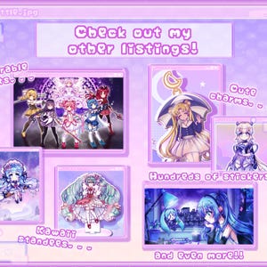 May include: A digital collage showcasing various anime-themed products for sale, including prints, charms, standees, and stickers. The text "Check out my other listings!" is displayed in a pixelated font.