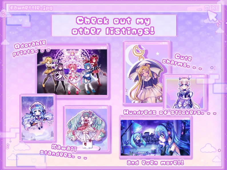 May include: A digital collage showcasing various anime-themed products for sale, including prints, charms, standees, and stickers. The text "Check out my other listings!" is displayed in a pixelated font.