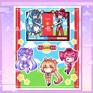 May include: A sticker sheet featuring anime-style illustrations. The top section shows two characters in a screen-like frame with the word "FOCUS!". Below are three additional character designs, along with the word "MESERIZER" in a yellow banner. The background is a light purple.