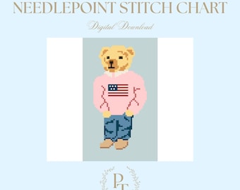 Puede incluir: Patrón de punto de cruz digital con un oso pixelado que lleva un suéter rosa con un diseño de la bandera estadounidense y vaqueros azules. El oso está sobre un fondo azul claro.