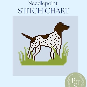 May include: A needlepoint stitch chart featuring a pixelated dog with brown and white markings, standing in green grass. The text "Needlepoint STITCH CHART" is at the top, with a circular logo in the bottom right corner.