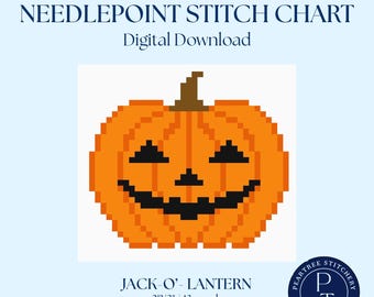 13 mesh Jack o lantern, needlepoint stitch chart, pumpkin, beginner needlepoint canvas, fall needlepoint, 13 mesh needlepoint, stitch chart