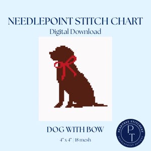 Könnte beinhalten: Digitales Kreuzstichmuster mit einem pixeligen braunen Hund mit roter Schleife. Der Text "DOG WITH BOW" steht unter dem Bild. Das Muster misst 10 cm x 10 cm und hat 18 Mesh.