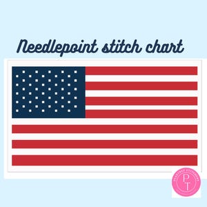 May include: Needlepoint stitch chart of the American flag. The flag is red, white, and blue with 13 red and white stripes and a blue field with 50 white stars.