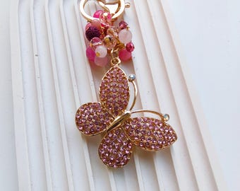 Pink butterfly for key, Crystal Butterfly Keychain, Rose Quartz Butterfly, Butterfly with crystals and rose quartz,Rose quartz on key ring