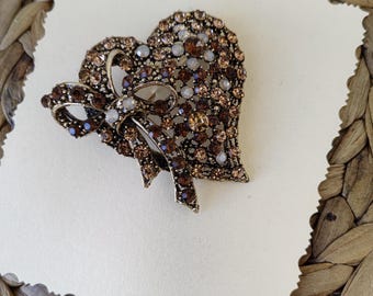 Large Brooch, Heart Brooch, Crystal Heart Brooch, Pin with Bow, Jacket pin , Hat Brooch , Bag Pin
