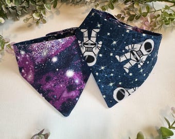 Reversible Astronaut Galaxy Space Stars Dog Bandana | Snap on Pet Bandana | Blue Purple Cosmos