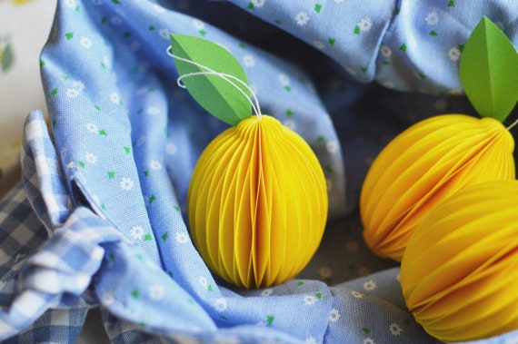 Lemon paper decoration, honeycomb decor, paper fruit, scandi decoration