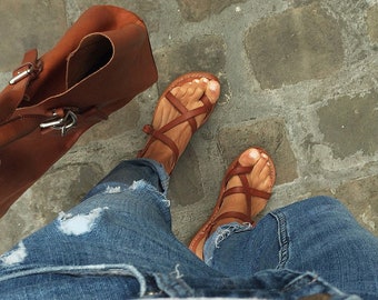 Handmade in Italy womens slave sandals in vintage cuir leather | Gianluca - L'artigiano del cuoio