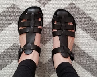 Black flat sandals for women real leather Handmade in Italy | Gianluca - L&#39;artigiano del cuoio