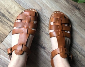 Tan flat sandals for women real leather Handmade in Italy | Gianluca - L&#39;artigiano del cuoio